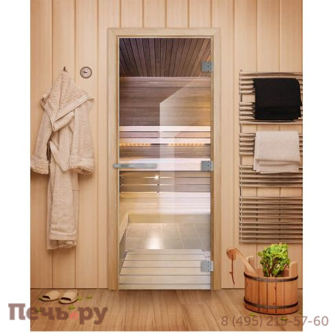 Дверь для бани DoorWood Эталон Прозрачное стекло 1900х700, 10 мм, 3 петли, коробка - листв. порода фото