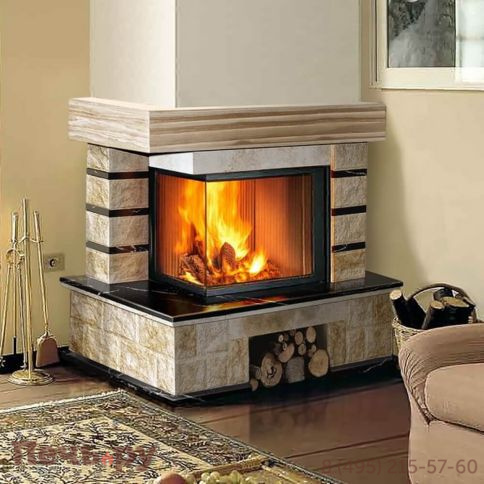 Каминная облицовка ЭкоКамин Ландыш угловой, Negro Marquina, балка ясень фото 2