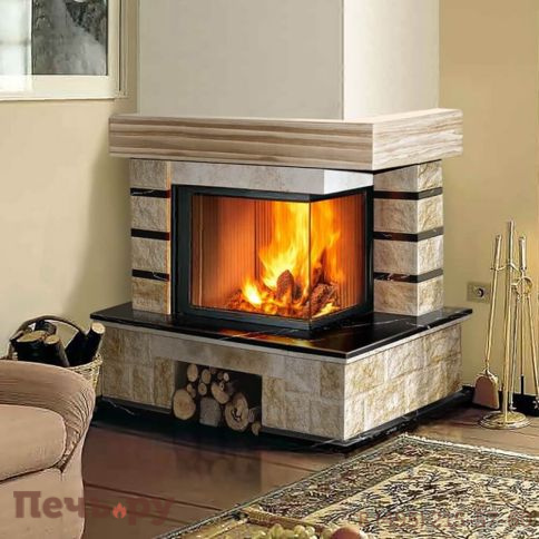 Каминная облицовка ЭкоКамин Ландыш угловой, Negro Marquina, балка ясень фото