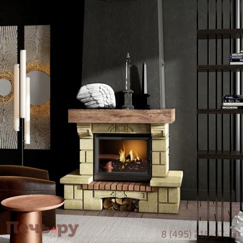 Каминная облицовка Supra Russia Sardane SR, желтая, с деревянной балкой фото