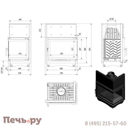Каминная топка Kratki Zuzia/P/BS (угловое стекло справа) фото 5
