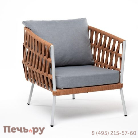 Кресло плетеное из роупа 4SiS Диего, каркас алюминий светло-серый (RAL7035) муар, роуп оранжевый меланж круглый, ткань светло-серая фото 3