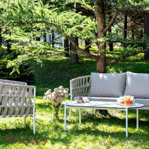 Лаунж-зона 4SiS Диего 4-местная плетеная из роупа (веревки), каркас алюминиевый белый, роуп бежевый фото 2