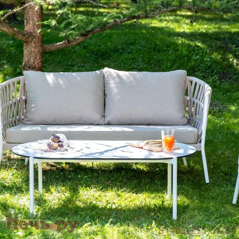 Лаунж-зона 4SiS Диего 4-местная плетеная из роупа (веревки), каркас алюминиевый белый, роуп бежевый фото 6