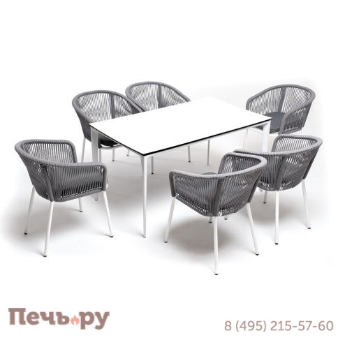 Обеденная группа 4SiS Малага на 6 персон со стульями Марсель, каркас белый, роуп светло-серый фото