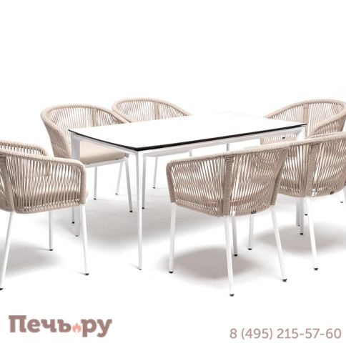 Обеденная группа 4SiS Малагана 6 персон со стульями Марсель, каркас белый, роуп бежевый фото 2