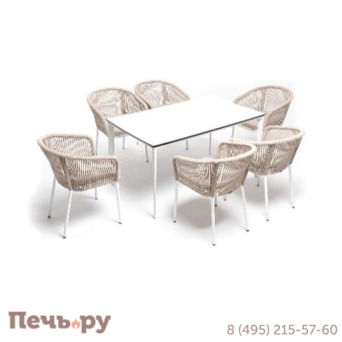 Обеденная группа 4SiS Малагана 6 персон со стульями Марсель, каркас белый, роуп бежевый фото