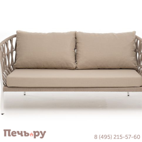 "Диего" диван 2-местный плетеный из роупа, каркас алюминий белый муар, роуп бежевый круглый, ткань бежевая 052 фото 2