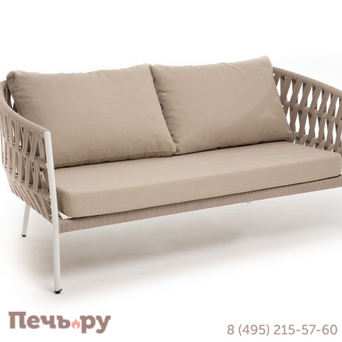 "Диего" диван 2-местный плетеный из роупа, каркас алюминий белый муар, роуп бежевый круглый, ткань бежевая 052 фото 3