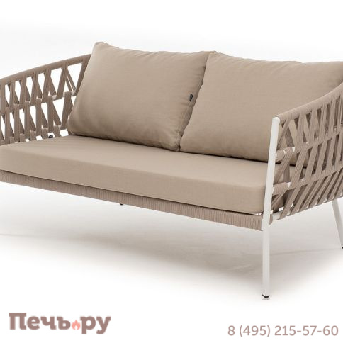 "Диего" диван 2-местный плетеный из роупа, каркас алюминий белый муар, роуп бежевый круглый, ткань бежевая 052 фото