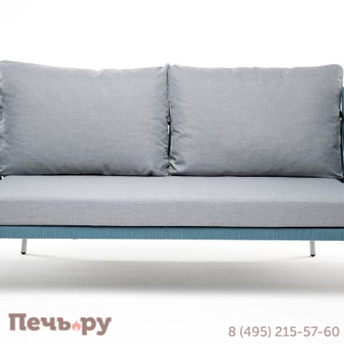 "Диего" диван 2-местный плетеный из роупа, каркас алюминий светло-серый (RAL7035) муар, роуп бирюзовый круглый, ткань светло-серая фото 2