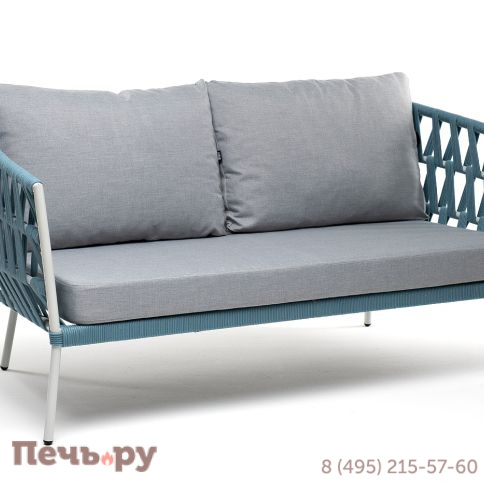 "Диего" диван 2-местный плетеный из роупа, каркас алюминий светло-серый (RAL7035) муар, роуп бирюзовый круглый, ткань светло-серая фото 3