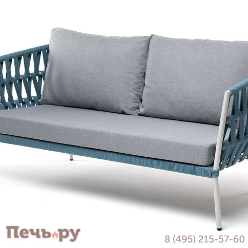 "Диего" диван 2-местный плетеный из роупа, каркас алюминий светло-серый (RAL7035) муар, роуп бирюзовый круглый, ткань светло-серая фото