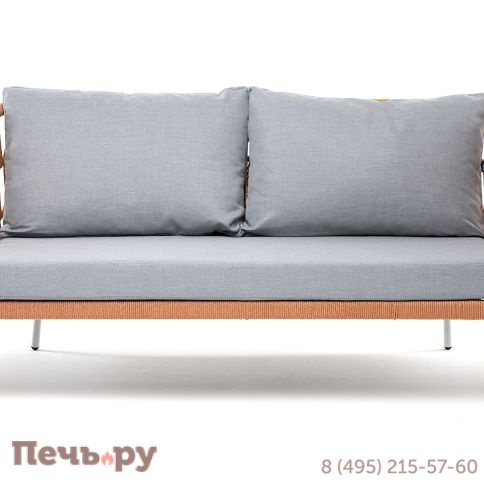 "Диего" диван 2-местный плетеный из роупа, каркас алюминий светло-серый (RAL7035) муар, роуп оранжевый меланж круглый, ткань светло-серая фото 2