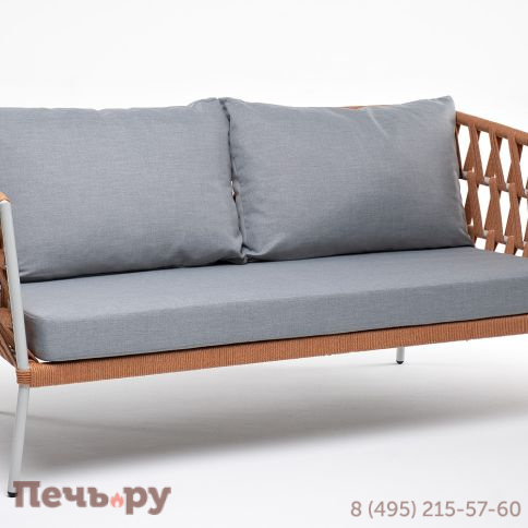 "Диего" диван 2-местный плетеный из роупа, каркас алюминий светло-серый (RAL7035) муар, роуп оранжевый меланж круглый, ткань светло-серая фото 3