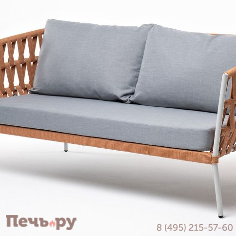 "Диего" диван 2-местный плетеный из роупа, каркас алюминий светло-серый (RAL7035) муар, роуп оранжевый меланж круглый, ткань светло-серая фото