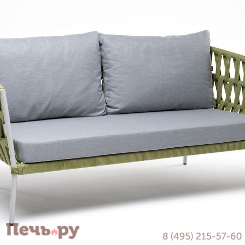 "Диего" диван 2-местный плетеный из роупа, каркас алюминий светло-серый (RAL7035) муар, роуп салатовый меланж круглый, ткань светло-серая фото 3