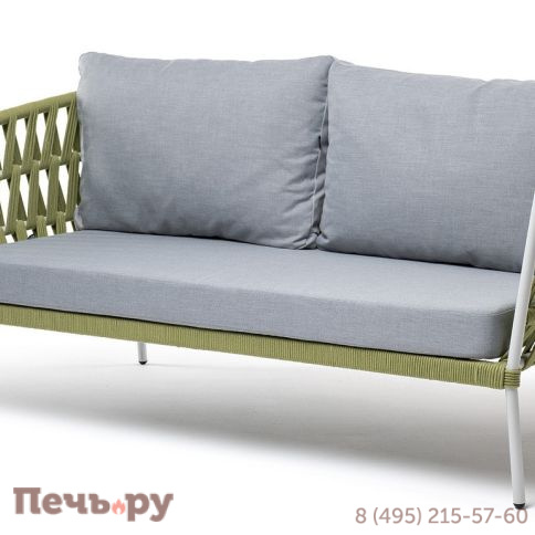 "Диего" диван 2-местный плетеный из роупа, каркас алюминий светло-серый (RAL7035) муар, роуп салатовый меланж круглый, ткань светло-серая фото