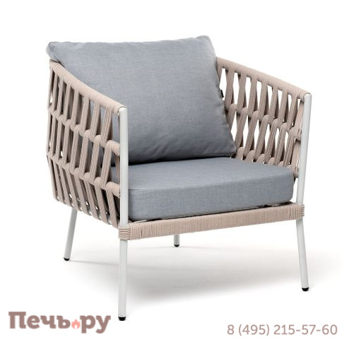 "Диего" кресло плетеное из роупа, каркас алюминий светло-серый (RAL7035) муар, роуп бежевый круглый, ткань светло-серая фото 3