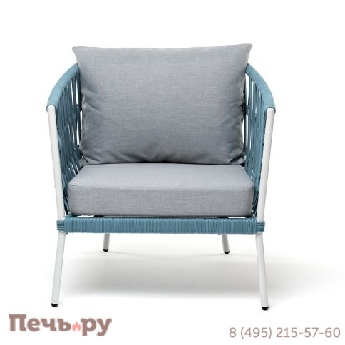 "Диего" кресло плетеное из роупа, каркас алюминий светло-серый (RAL7035) муар, роуп бирюзовый круглый, ткань светло-серая фото 2