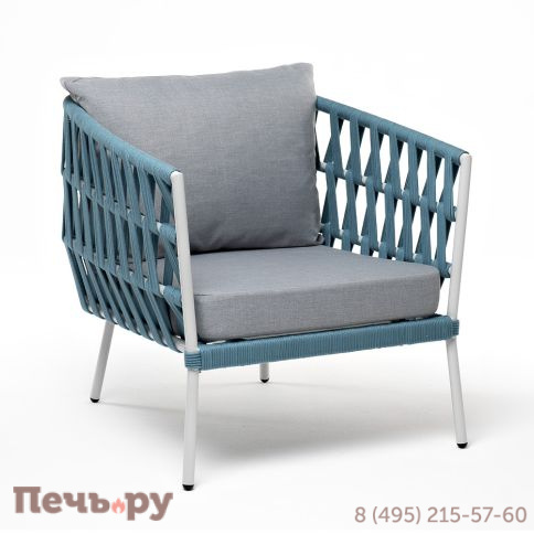 "Диего" кресло плетеное из роупа, каркас алюминий светло-серый (RAL7035) муар, роуп бирюзовый круглый, ткань светло-серая фото 3