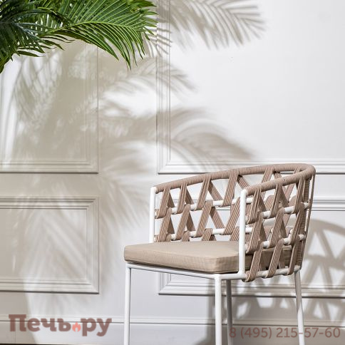 "Диего" стул плетеный из роупа, каркас из стали белый муар, роуп бежевый круглый, ткань бежевая 052 фото 10