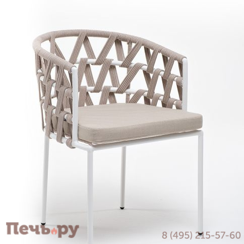 "Диего" стул плетеный из роупа, каркас из стали белый муар, роуп бежевый круглый, ткань бежевая 052 фото 2