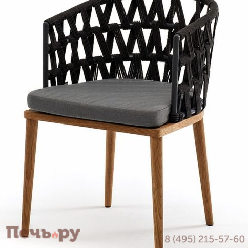 "Диего" стул плетеный из роупа, основание дуб, роуп темно-серый круглый, ткань серая фото