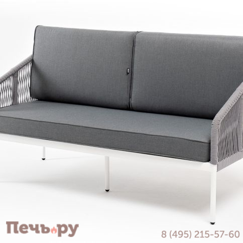 "Канны" диван 2-местный плетеный из роупа, каркас алюминий белый муар, роуп светло-серый круглый, ткань серая 017 фото