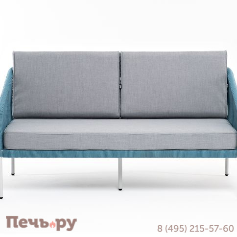 "Канны" диван 2-местный плетеный из роупа, каркас алюминий светло-серый (RAL7035) муар, роуп бирюзовый круглый, ткань светло-серая фото 2