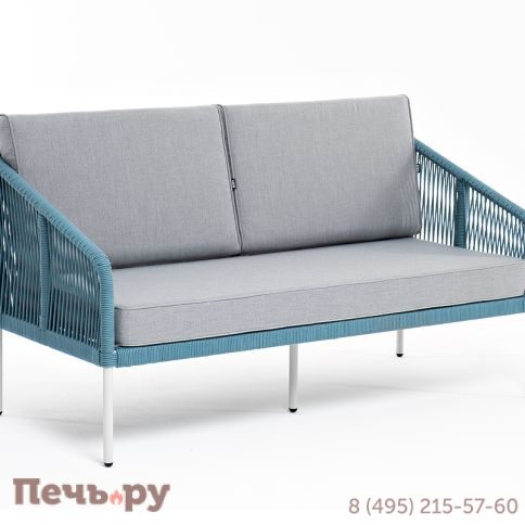 "Канны" диван 2-местный плетеный из роупа, каркас алюминий светло-серый (RAL7035) муар, роуп бирюзовый круглый, ткань светло-серая фото 3