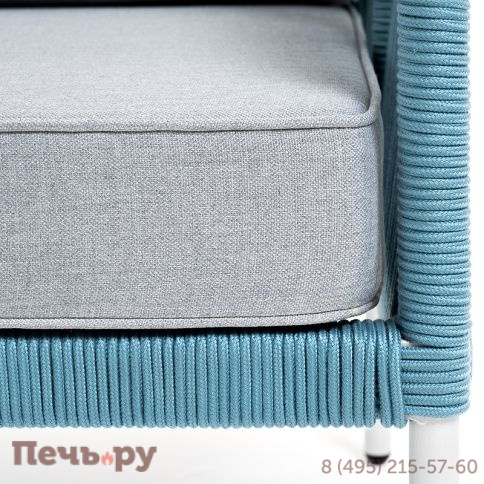 "Канны" диван 2-местный плетеный из роупа, каркас алюминий светло-серый (RAL7035) муар, роуп бирюзовый круглый, ткань светло-серая фото 6