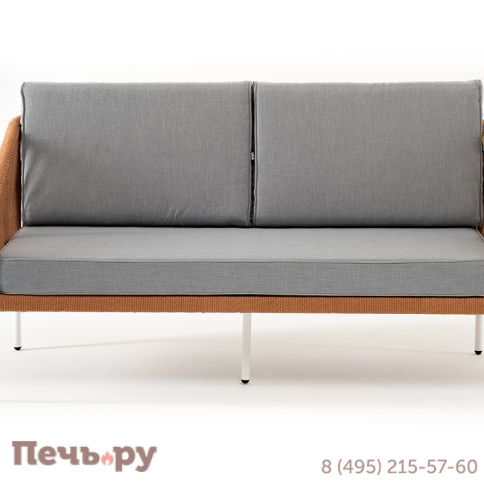 "Канны" диван 2-местный плетеный из роупа, каркас алюминий светло-серый (RAL7035) муар, роуп оранжевый меланж круглый, ткань светло-серая фото 2