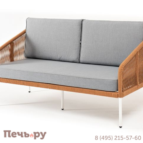 "Канны" диван 2-местный плетеный из роупа, каркас алюминий светло-серый (RAL7035) муар, роуп оранжевый меланж круглый, ткань светло-серая фото