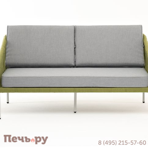 "Канны" диван 2-местный плетеный из роупа, каркас алюминий светло-серый (RAL7035) муар, роуп салатовый меланж круглый, ткань светло-серая фото 2