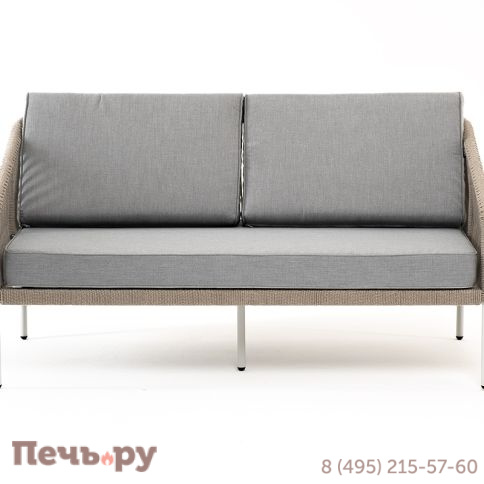 "Канны" диван 2-местный плетеный из роупа, каркас алюминий светло-серый (RAL7035) шагрень, роуп серый меланж круглый, ткань светло-серая фото 2