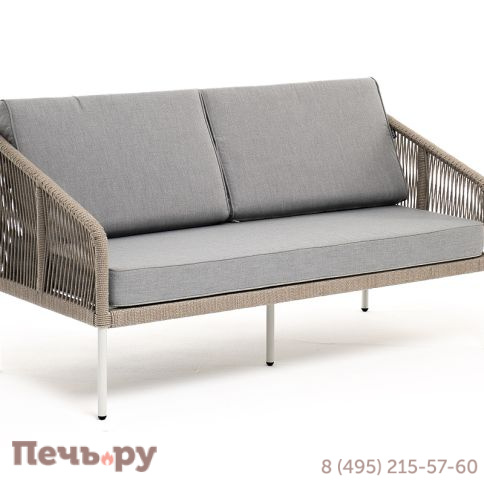 "Канны" диван 2-местный плетеный из роупа, каркас алюминий светло-серый (RAL7035) шагрень, роуп серый меланж круглый, ткань светло-серая фото 3