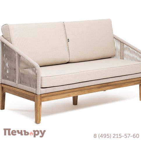 "Канны" диван 2-местный плетеный из роупа, основание дуб, роуп бежевый круглый, ткань бежевая 052 фото 3