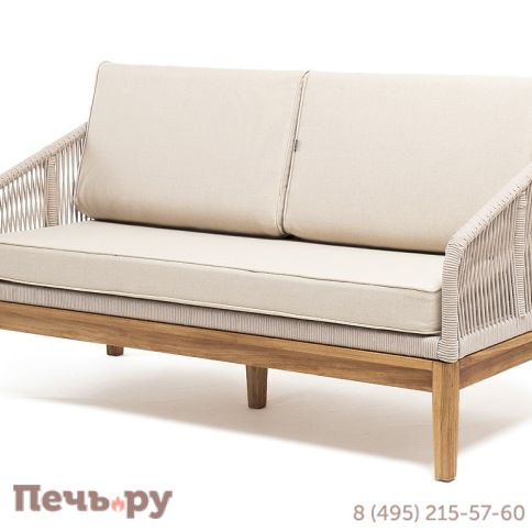 "Канны" диван 2-местный плетеный из роупа, основание дуб, роуп бежевый круглый, ткань бежевая 052 фото