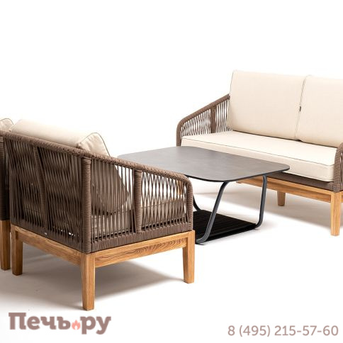 "Канны" диван 2-местный плетеный из роупа, основание дуб, роуп коричневый круглый, ткань бежевая 052 фото