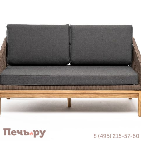 "Канны" диван 2-местный плетеный из роупа, основание дуб, роуп коричневый круглый, ткань темно-серая 027 фото 2