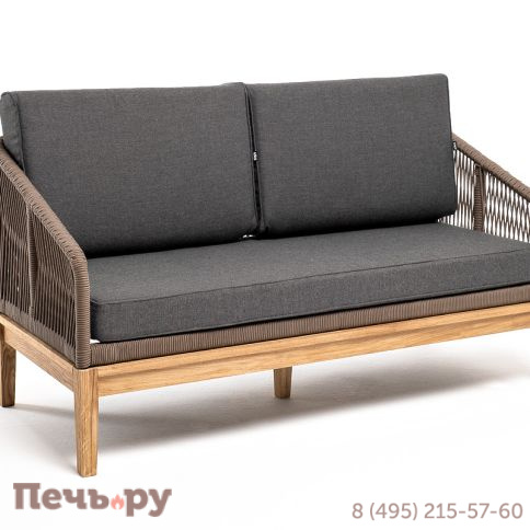 "Канны" диван 2-местный плетеный из роупа, основание дуб, роуп коричневый круглый, ткань темно-серая 027 фото 3