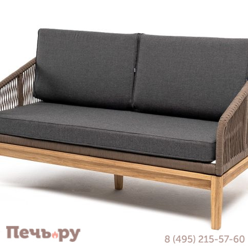 "Канны" диван 2-местный плетеный из роупа, основание дуб, роуп коричневый круглый, ткань темно-серая 027 фото