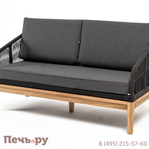 "Канны" диван 2-местный плетеный из роупа, основание дуб, роуп темно-серый круглый, ткань темно-серая 027 фото