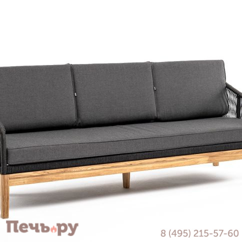 "Канны" диван 3-местный плетеный из роупа, основание дуб, роуп темно-серый круглый, ткань темно-серая 027 фото 3