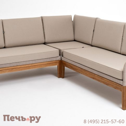 "Канны" диван модульный плетеный из роупа, основание дуб, роуп бежевый круглый, ткань бежевая 052 фото