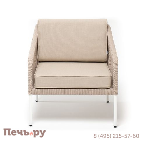 "Канны" кресло плетеное из роупа, каркас алюминий белый, муар, роуп бежевый круглый, ткань бежевая 035 фото 2