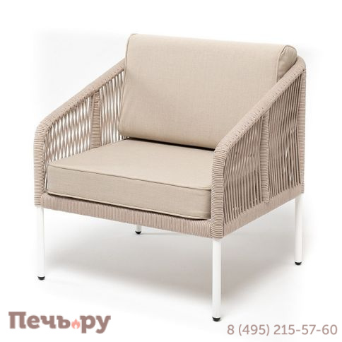 "Канны" кресло плетеное из роупа, каркас алюминий белый муар, роуп бежевый круглый, ткань бежевая 15052 фото