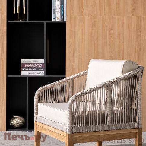 "Канны" кресло плетеное из роупа, основание дуб, роуп бежевый круглый, ткань бежевая 052 фото 11