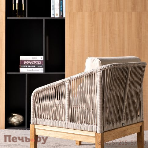 "Канны" кресло плетеное из роупа, основание дуб, роуп бежевый круглый, ткань бежевая 052 фото 12